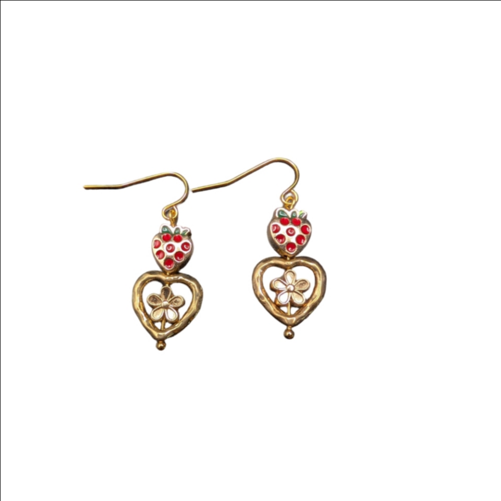 Gold Strawberry Heart Flower Dangle Earrings 14K Gold Filled Ear Hooks